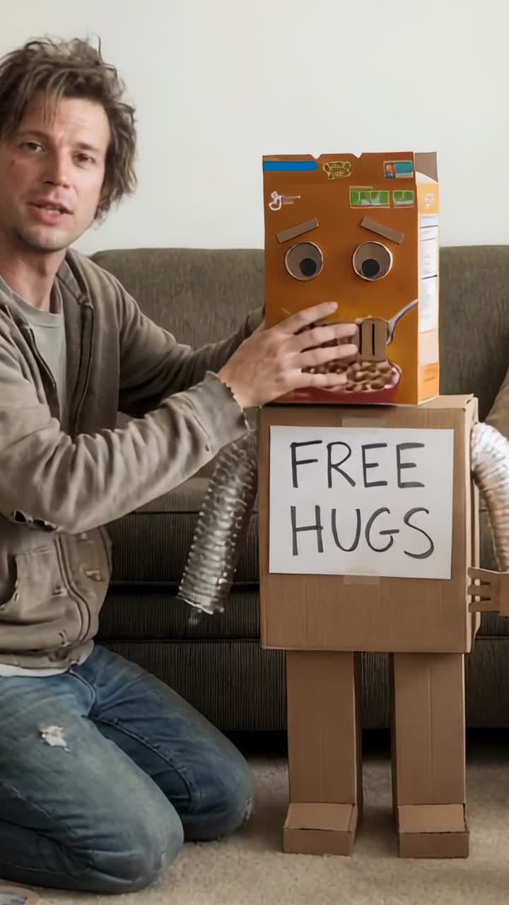 Vertikal video: Dulting av frokostblandingsboks-hode, mann i hettegenser som kneler hjemme og animerer robot for GRATIS KLEM