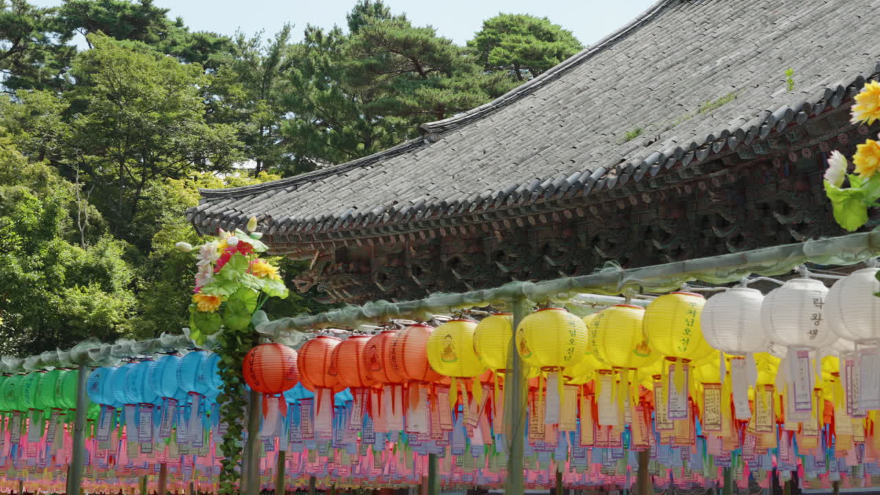 Korean Hanging Lotus Lanterns in Rows In Front of Bulguksa Temple in Gyeongju, South Korea