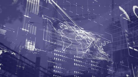 animation of data processing and world map over cityscape