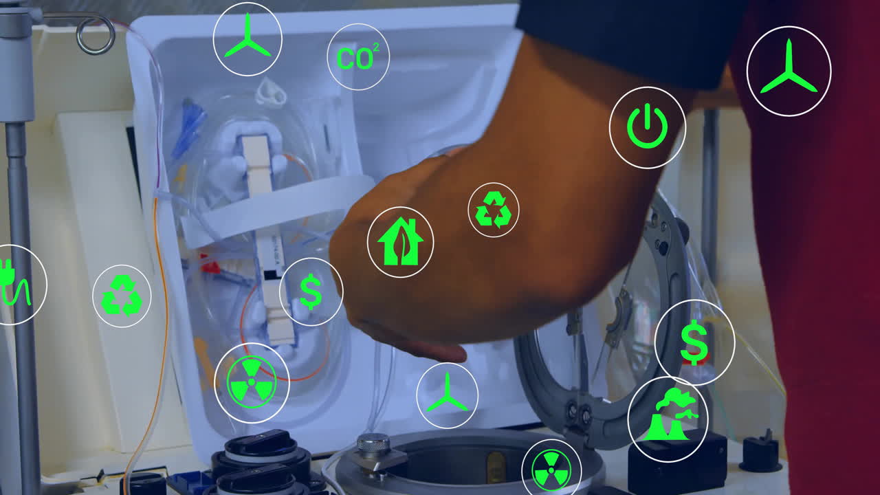 Animation of eco icons and data processing over engineer with water filter