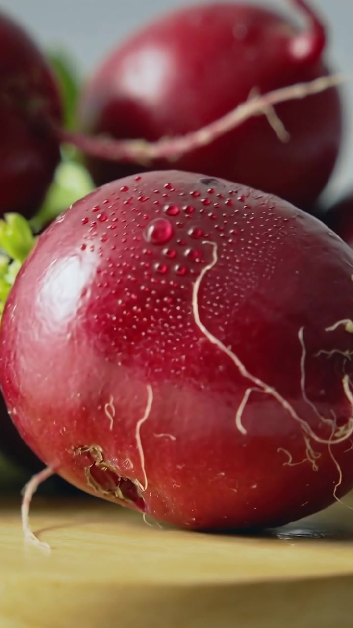 Vertical video: Shifting camera showing red radish skin, droplets and stems on board, gray backdrop