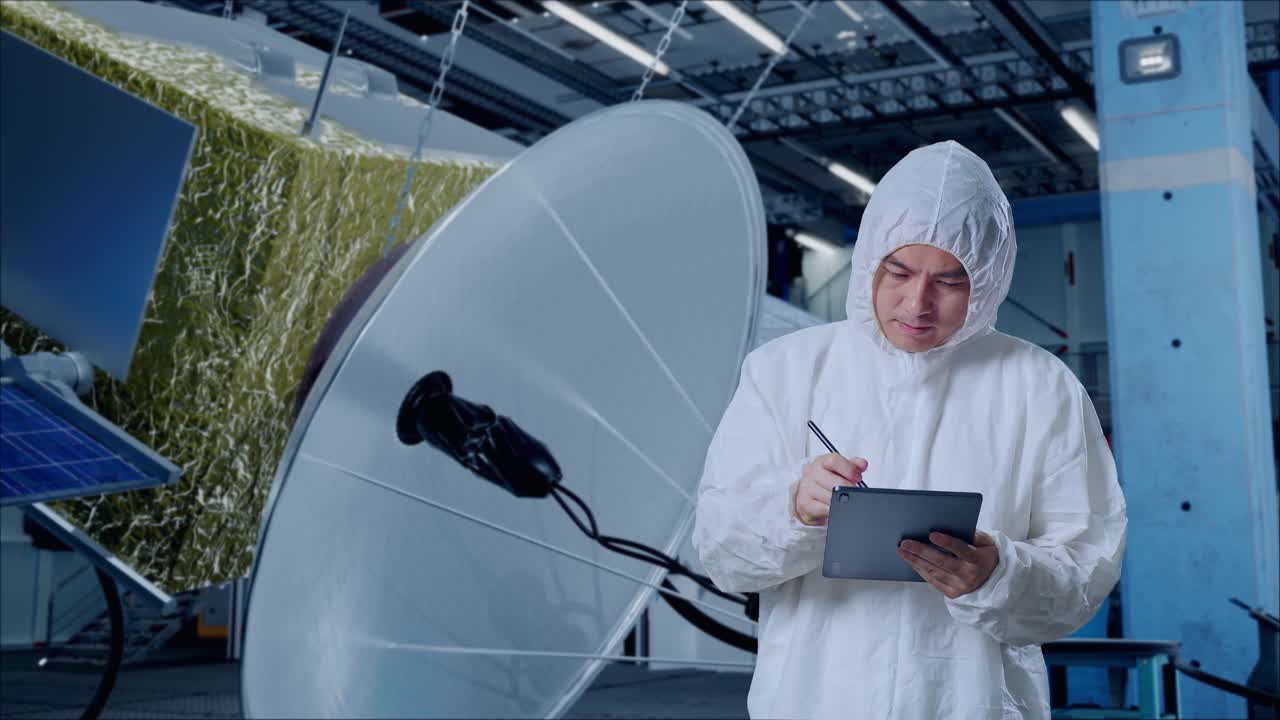 científico masculino asiático tomando notas en una tableta mientras está de pie con la construcción de la nave espacial