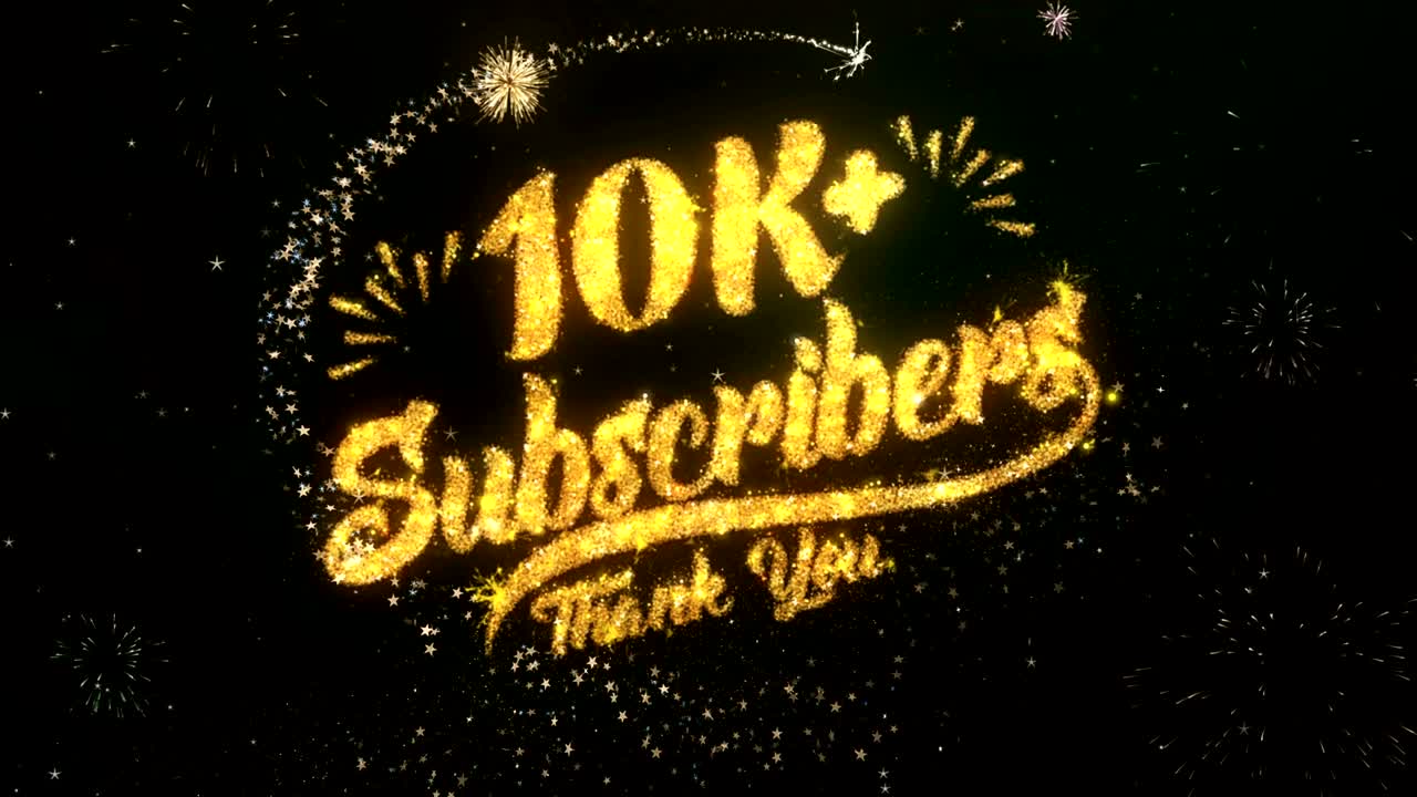 10k 가입자 인사 및 소원 카드는 반이는 입자 및 반이는 빛의 어두운 밤 하늘과 다채로운 불꽃놀이 4k 배경으로 만들어졌습니다.