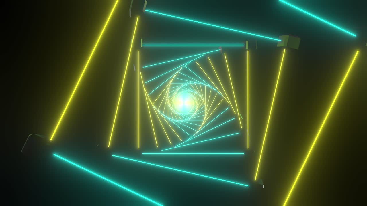 Abstract Neon Spiral Tunnel with Glowing Lines and Cubes