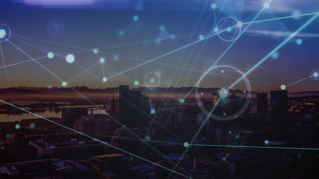 animación de la red de conexiones y senderos de luz azul contra la vista aérea del paisaje urbano