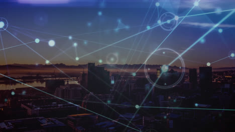 animation of network of connections and blue light trails against aerial view of cityscape