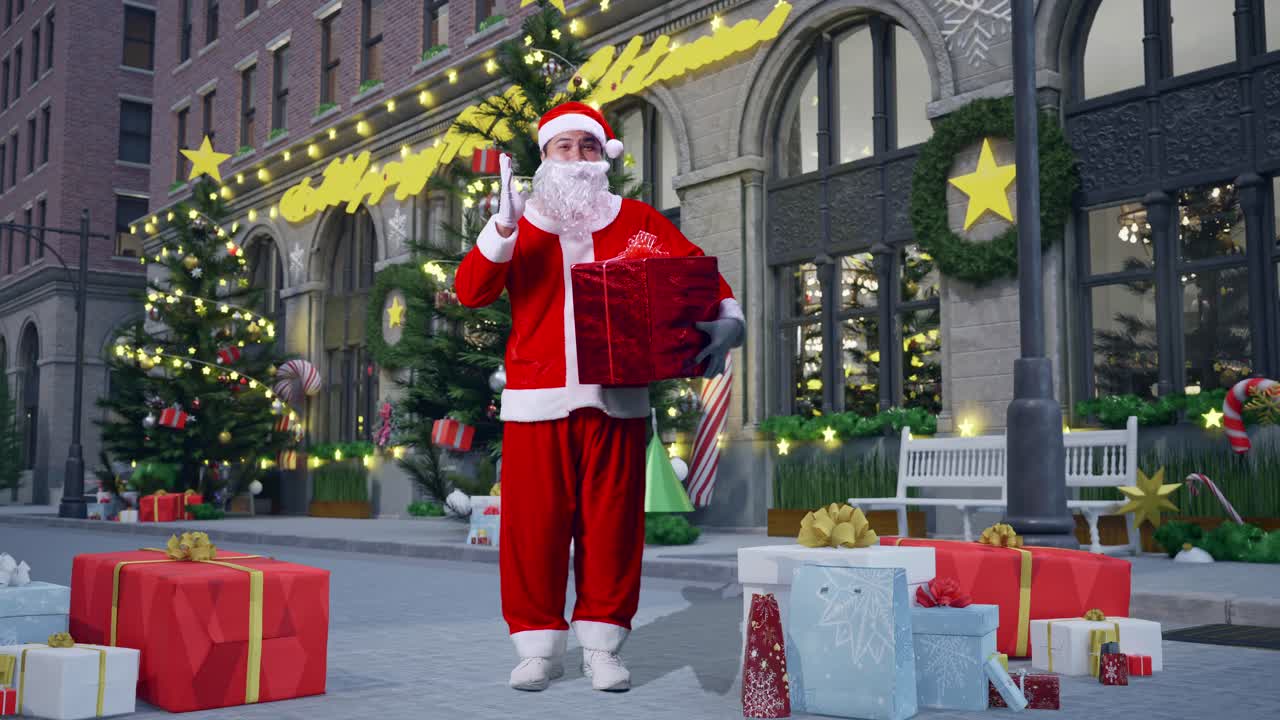 아시안 남성의 몸이 가득 차있는 산타클로스는 크리스마스 밤에 선물 상자를 들고 와우라고 말합니다.