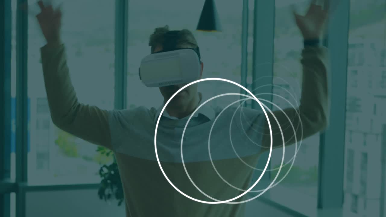 animación de círculos blancos que se mueven sobre el hombre que usa auriculares vr utilizando una interfaz virtual