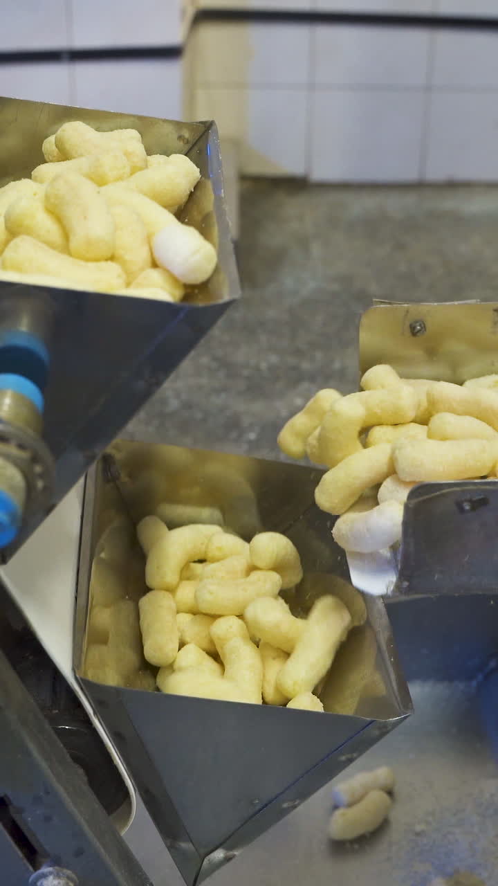 Metal buckets on the feeding conveyor for loose products. Automatic sorting line for portions of corn sticks snacks. Vertical video