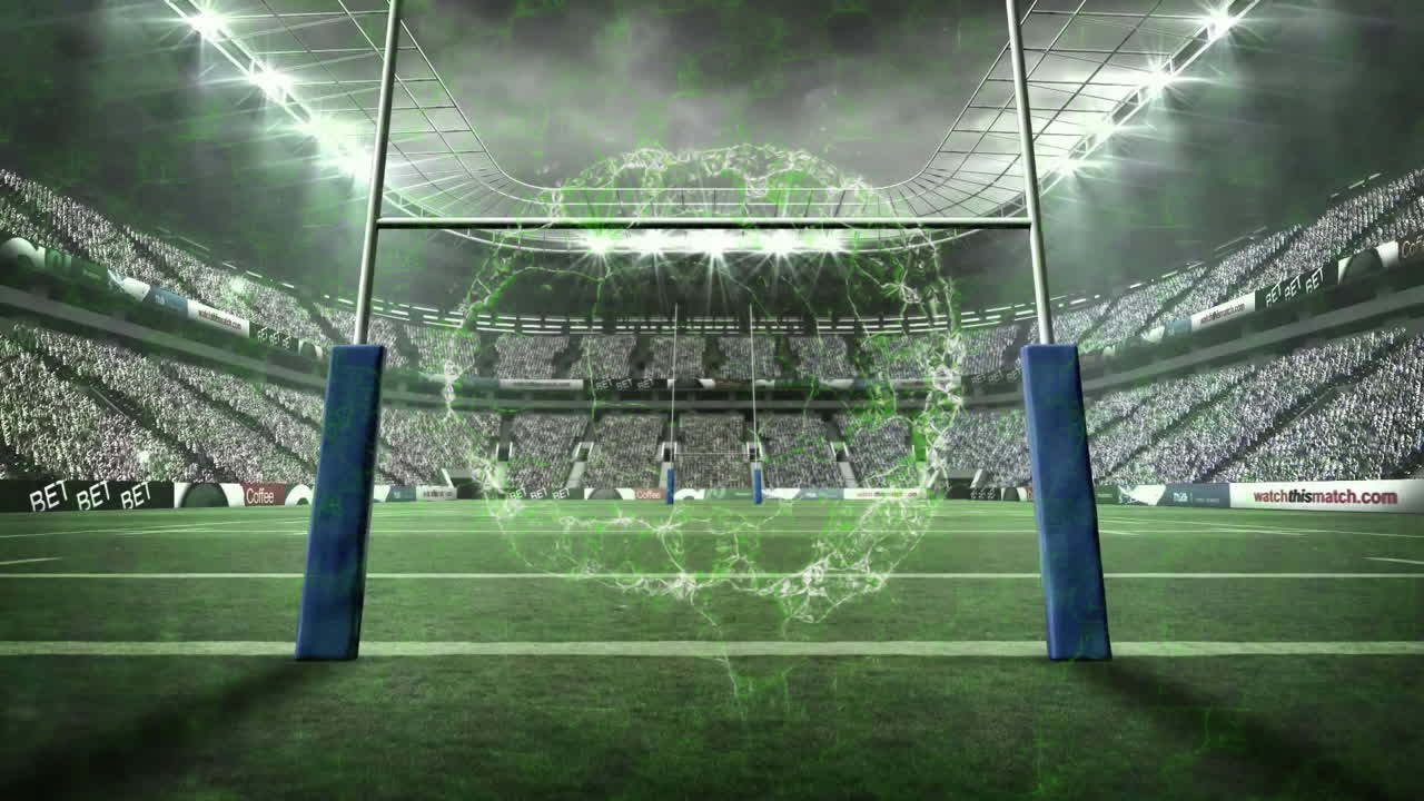 Rugby stadium with digital globe animation over field and goalposts