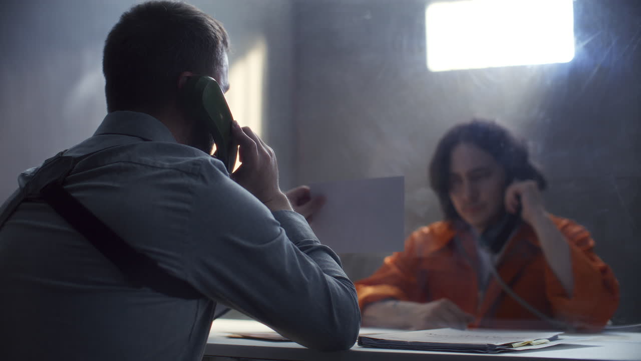Officer Conducting Interrogation through Glass Partition in Prison Room