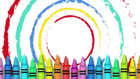 Animation-of-colorful-crayons-and-circles-on-white-background