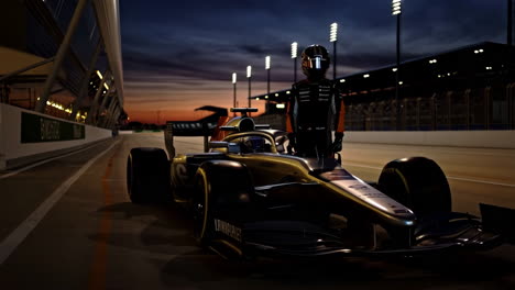 formula 1 car with driver on track at dusk