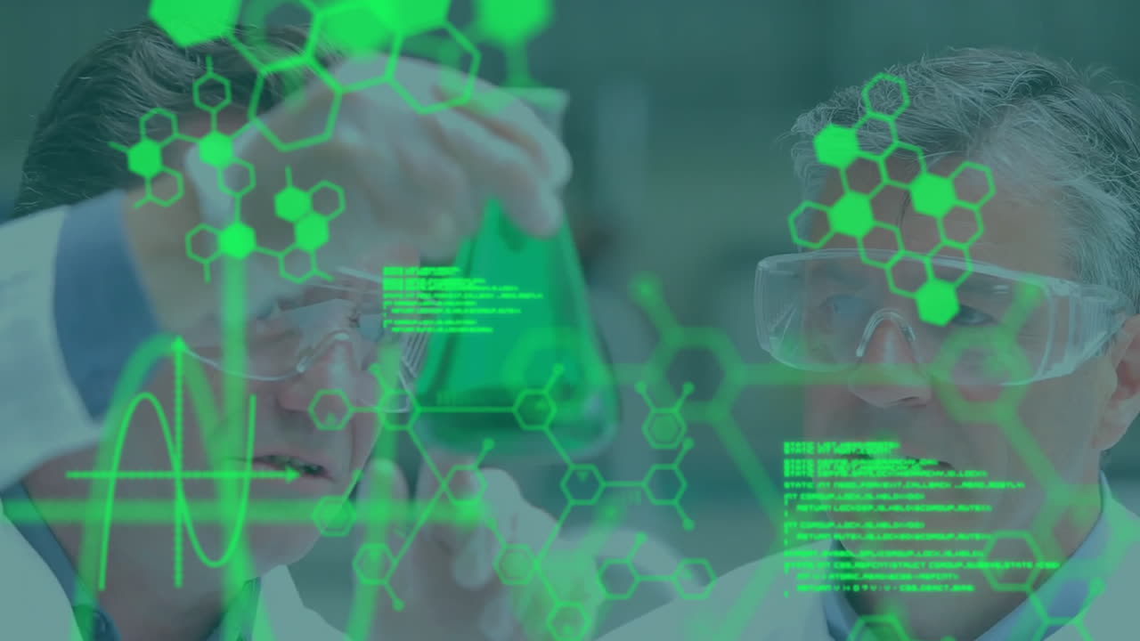 실험실에서 카우카스 과학자들에 대한 데이터 처리 및 화학 공식의 애니메이션