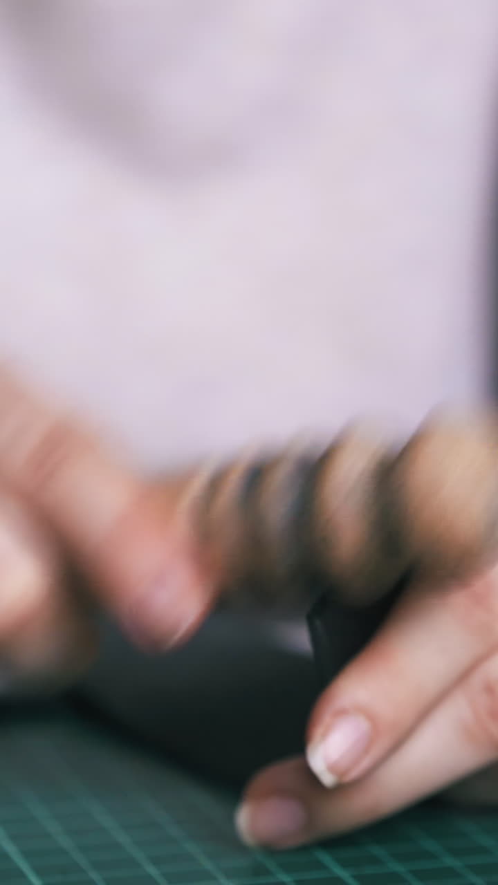 CU: Professional designer wipes cut leather edge with yellow towel and crafts with wooden slicker close view