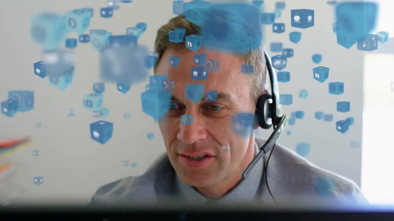 하늘을 날아다니는 파란 아이콘 위에 헤드폰을 들고 말하는 백인 남자의 애니메이션