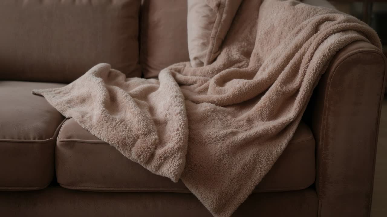 La telecamera è stabile, l'area del divano mostra una coperta che si adagia a casa, con un morbido plaid.