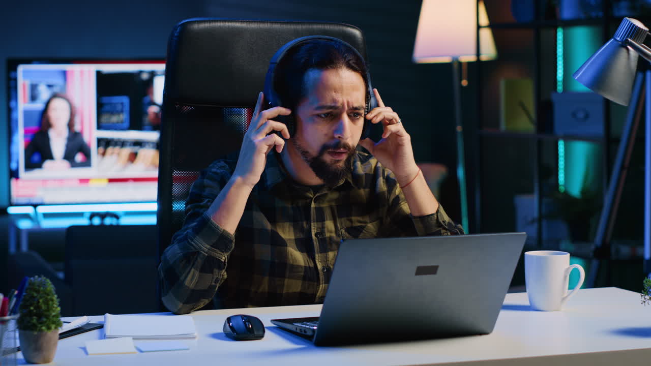 Freelancer enjoying music while researching data for project at home