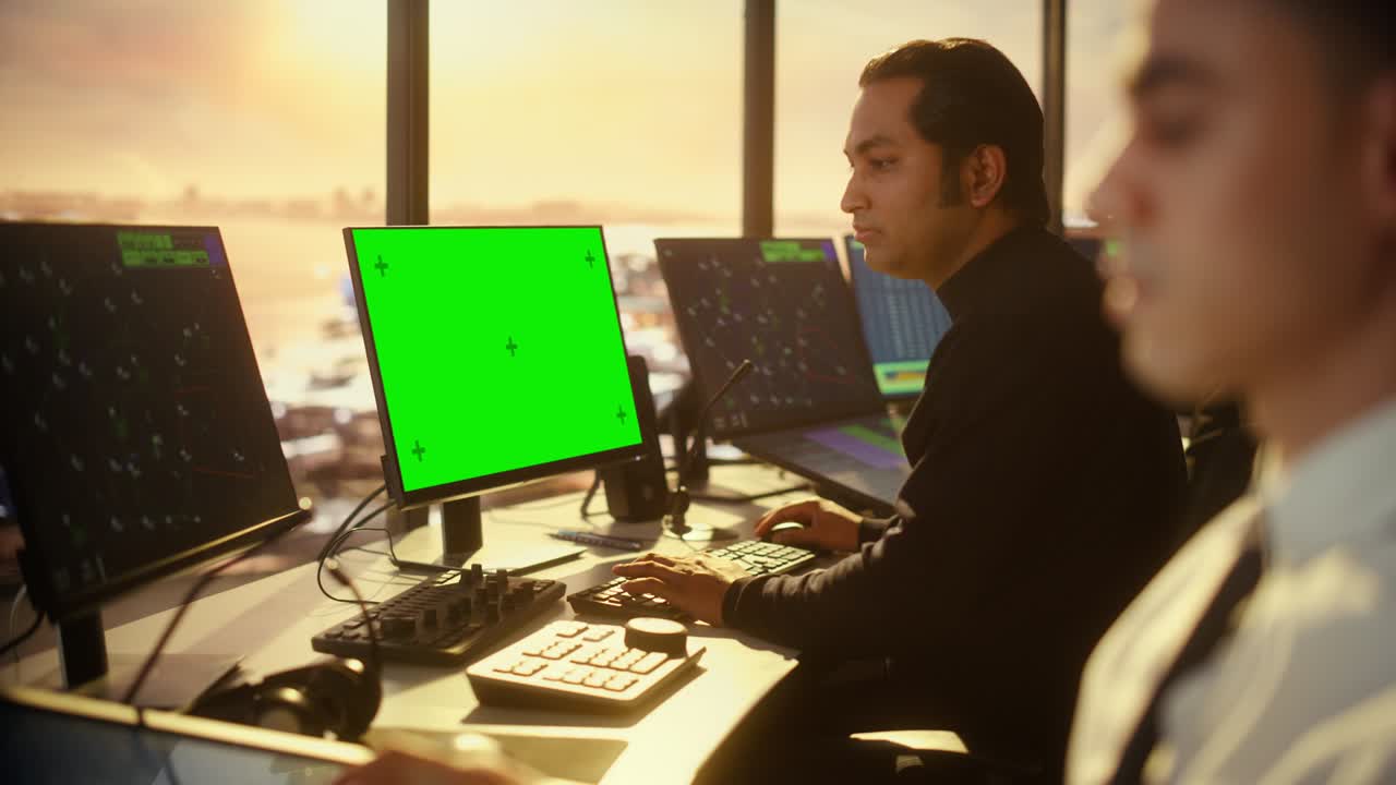controlador de tráfico aéreo masculino con auriculares trabaja en la computadora con pantalla verde maquillaje en la torre del aeropuerto. habitación de oficina con pantallas con pantallas de navegación, datos de radar de vuelo de avión para el equipo.