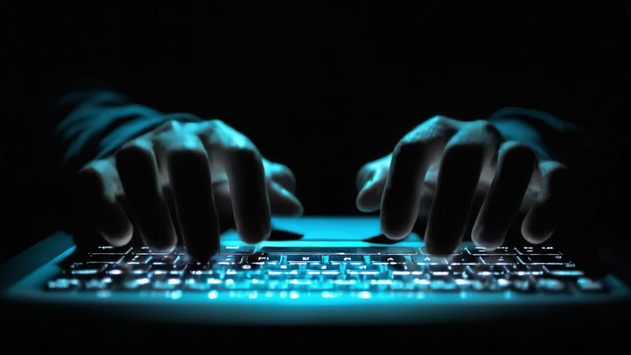Fingers Typing Rapidly on a Backlit Keyboard While Illuminated in Dim Light, Signifying Communication, Technology, and Innovation in a Digital Landscape