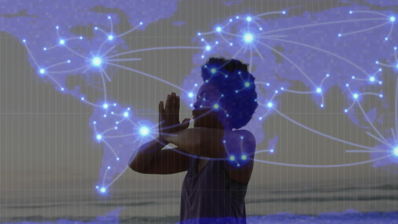 Meditating, person in animation with digital world map glowing connections