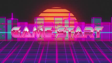Game-start-text-over-neon-banner-against-grid-network-and-neon-cityscape-on-blue-background