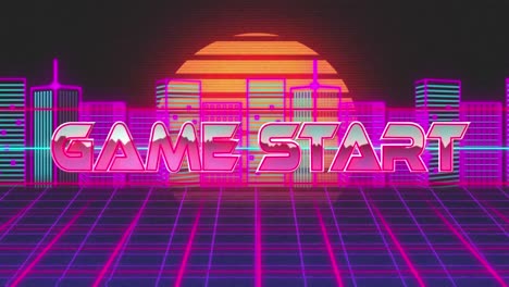 texto de inicio del juego sobre banner de neón contra la red de cuadrícula y paisaje urbano de neón sobre fondo azul