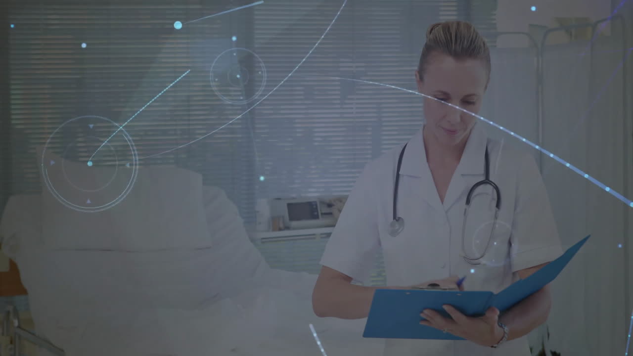 Healthcare professional reviewing clipboard beside hospital bed, with animated vital chart overlay