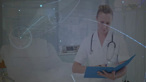 healthcare professional reviewing clipboard beside hospital bed, with animated vital chart overlay