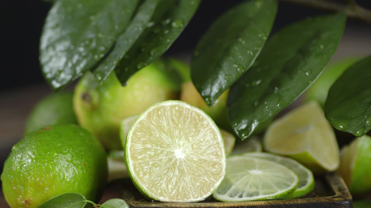 Juicy lime with leaves rotates slowly.