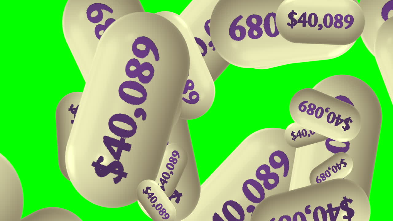 약을 팔아 돈을 버는 대형 제약사를 보여주는 달러 가격의 알약 애니메이션