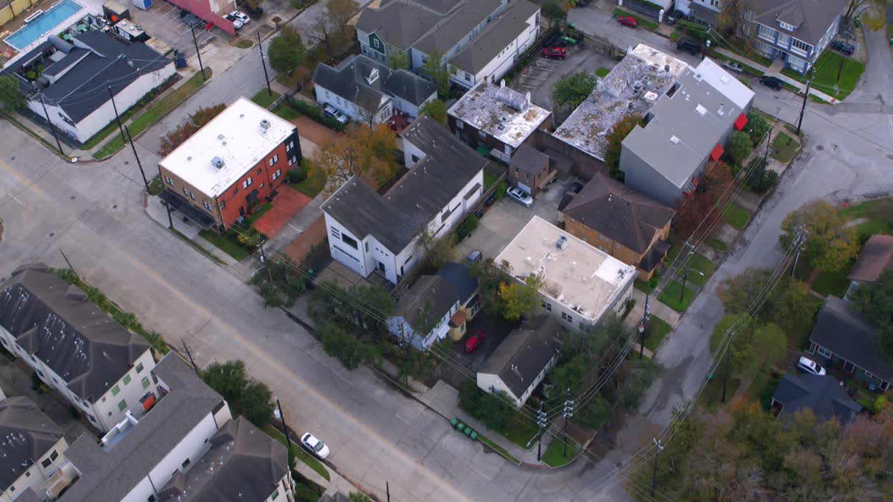 Drone view of homes in neighborhood in Houston, Texas Montrose area