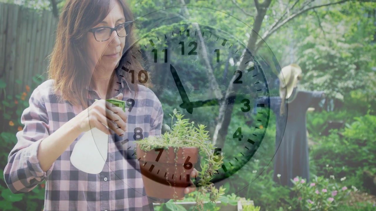 Giardiniere che nebulizza una pianta con uno spruzzino, mentre un orologio in sovrimpressione ticchetta e controlla la salute della pianta.