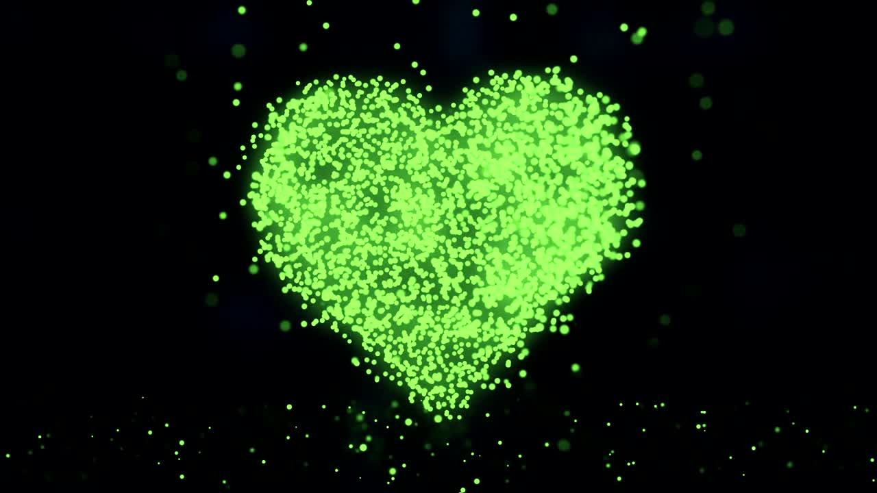 Animation of flying flickering particles form a heart sign or like symbol on dark background with earth map from dots. Digital Heart Icon Appearing in Network Cloud from Lines and Dots. Symbol Forming from Particles. Animation of seamless loop