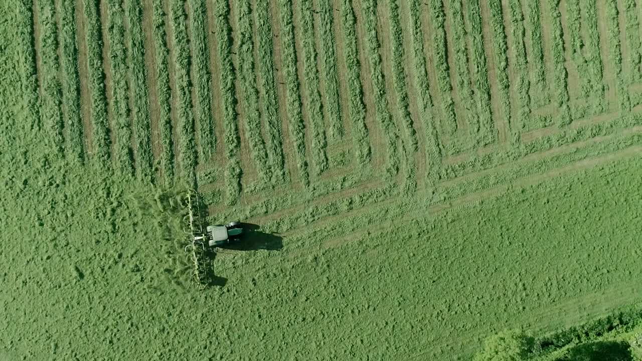 vista aérea de arriba hacia abajo de un tractor con un henificador adjunto