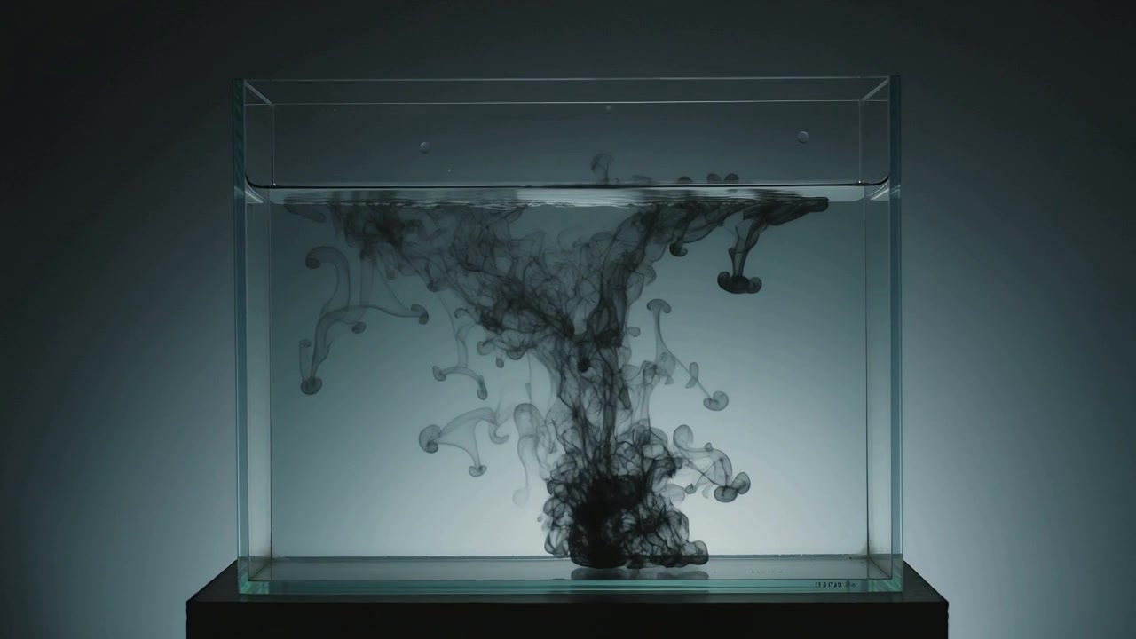 Introducing black dye, glass aquarium water forming descending ink plume in studio, backlit