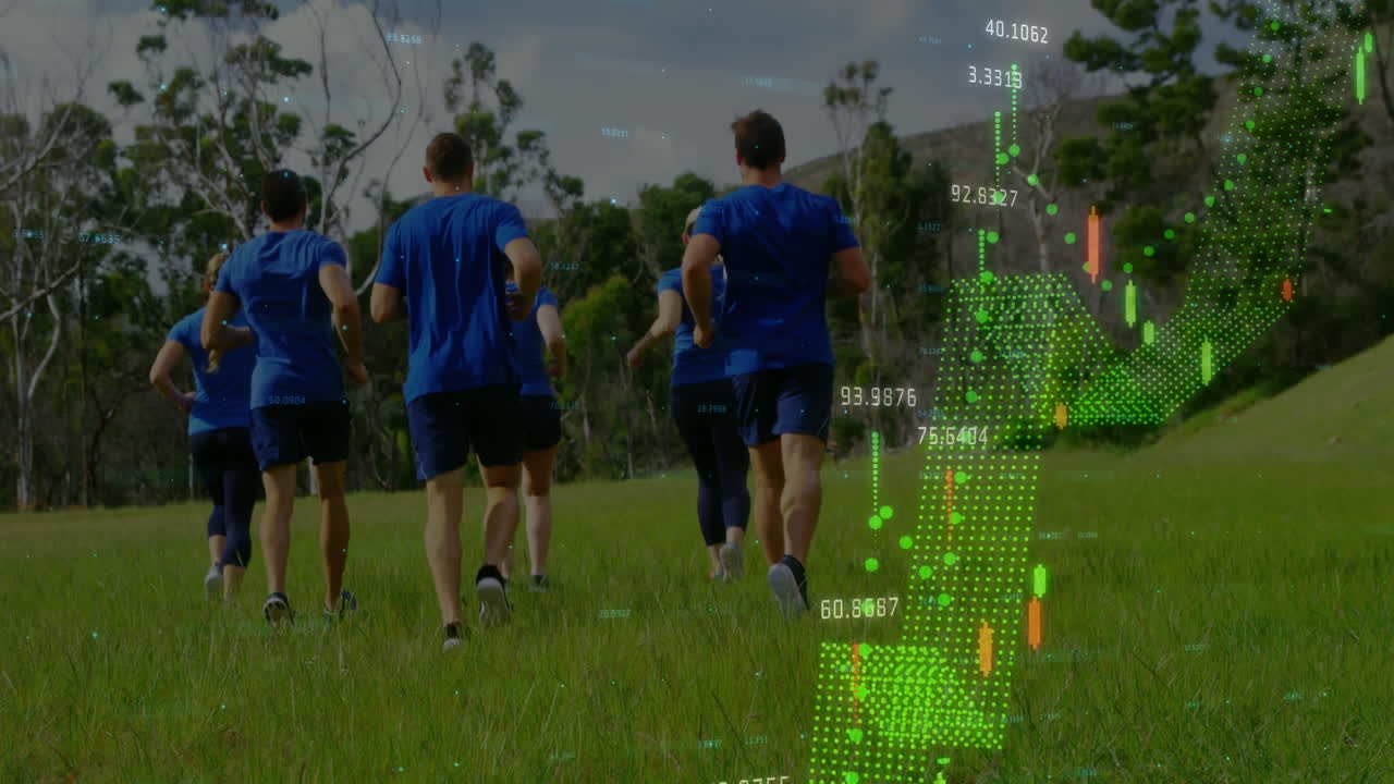 Animation of data processing over group of men and women running