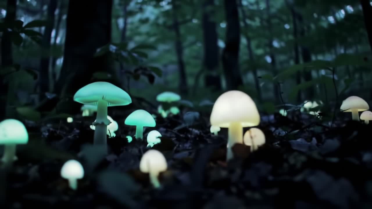 A Magical Transformation: The Enchanting Shift from Glowing Green to Radiant Pink Mushrooms in the Mysterious Forest at Dusk