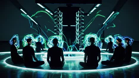 group meditation in a futuristic virtual reality space