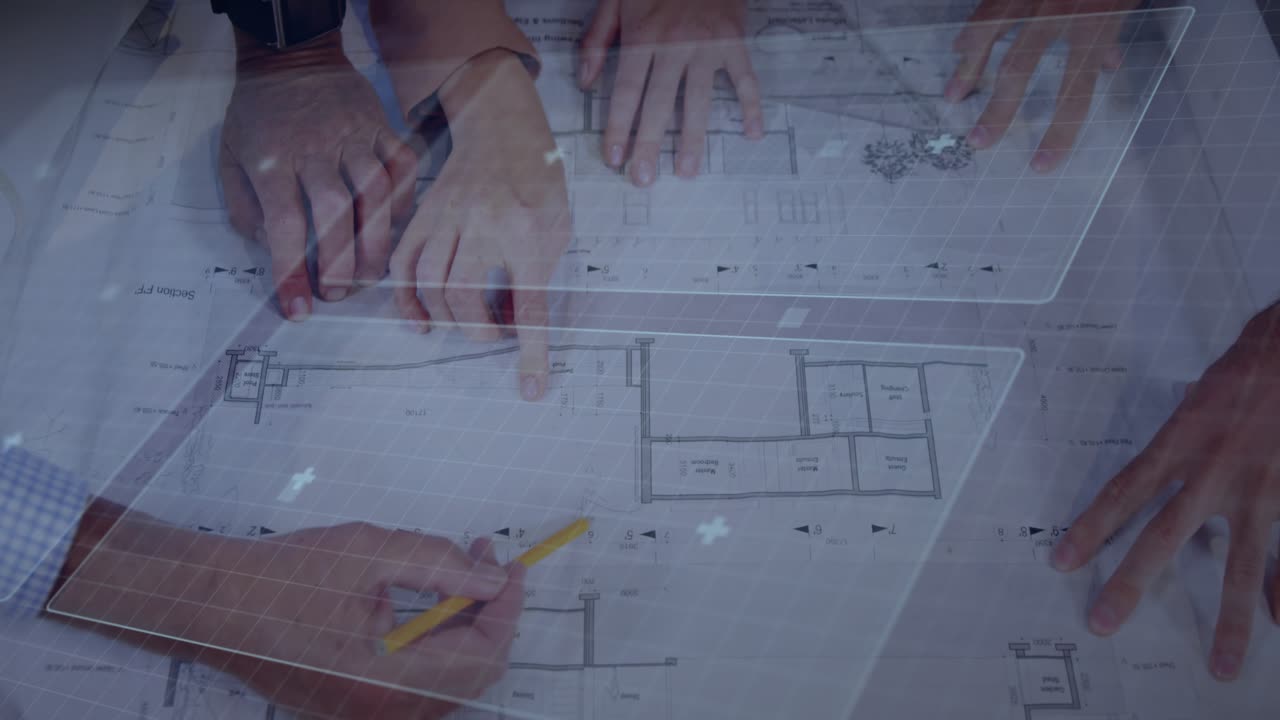 Design team gathering at table, activating holographic disc and aligning overlay for design review