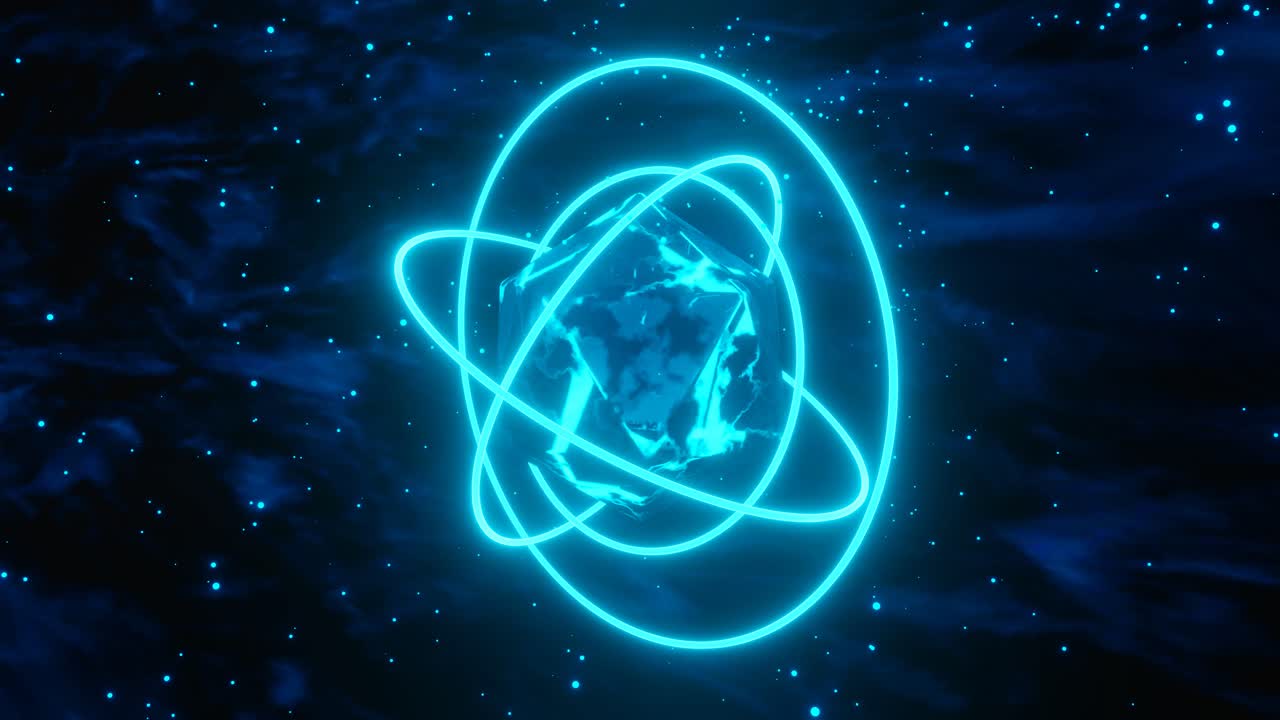 Loop animation of black rotation sphere with rotation black and neon orbits on black background. 3d render abstract animation