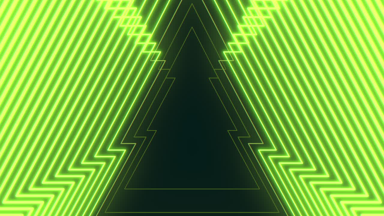 A vibrant neon triangle design with green and yellow lines on a black background, showcasing a striking zigzag pattern arranged to form a geometric shape at the center