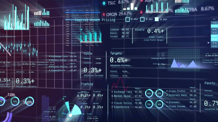 Financial data and stock market analysis animation over various charts and graphs