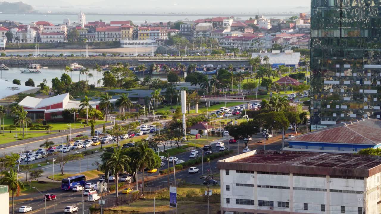 Bird eye shot of traffic during rush hour on Avenida Balboa Panama City looking toward Casco Viejo during the late afternoon