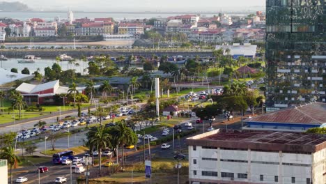 bird eye shot of traffic during rush hour on avenida balboa panama city looking toward casco viejo during the late afternoon