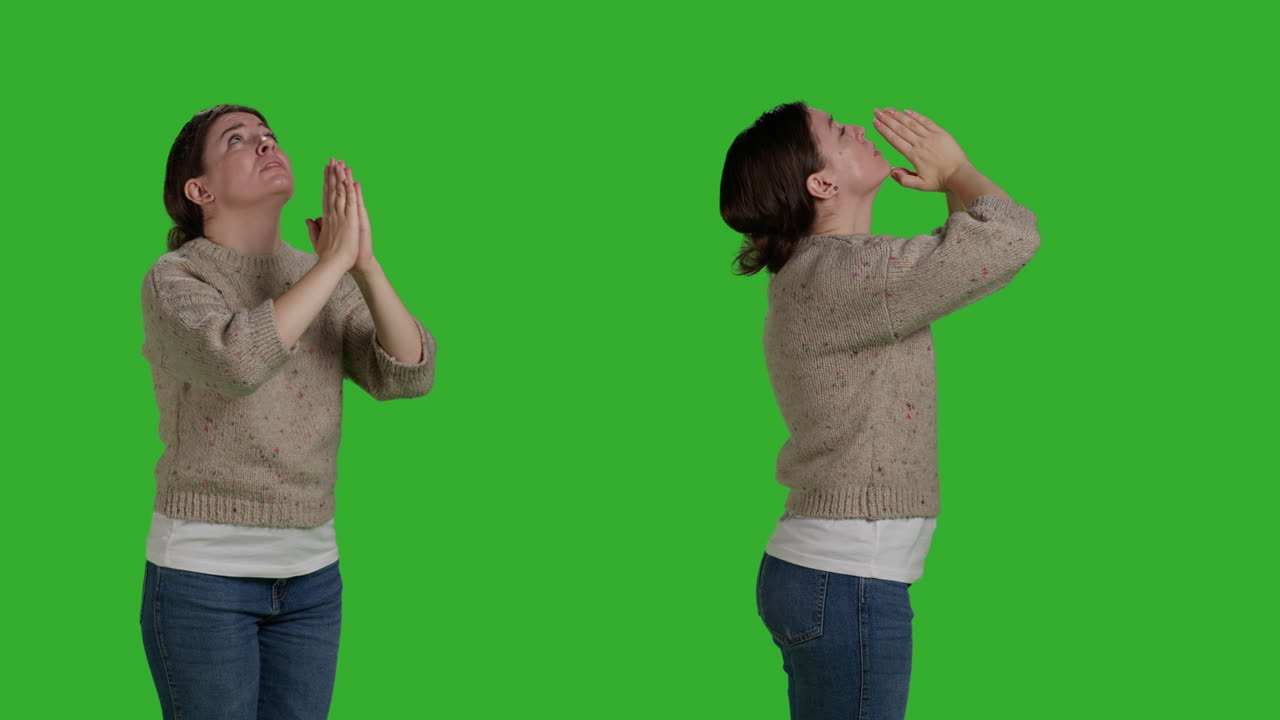 Woman Praying on Green Screen