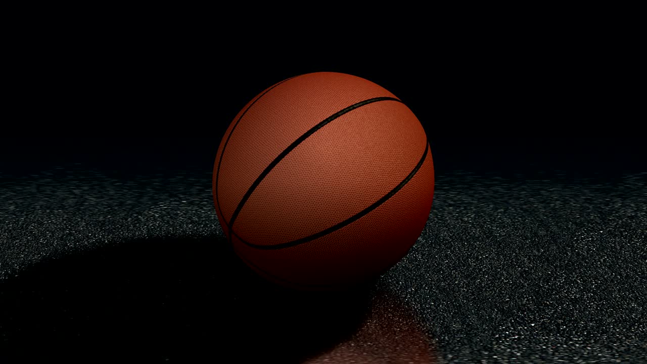 체육관 파켓 바닥에 배치 된 고전적인 농구 공을 중심으로 루프 회전