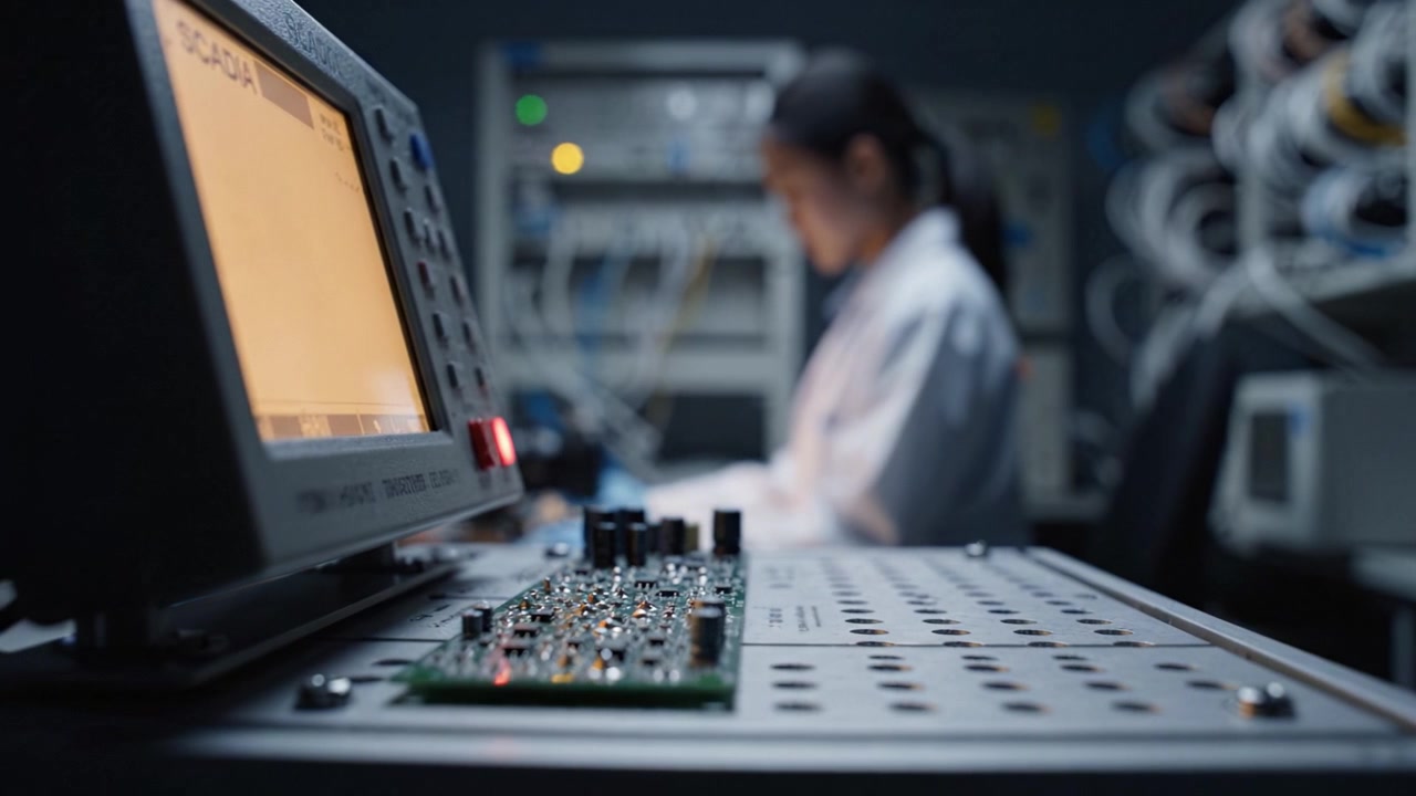 A technician working in a lab setting, analyzing circuit boards and using measurement devices to troubleshoot and conduct experiments on electronic components.