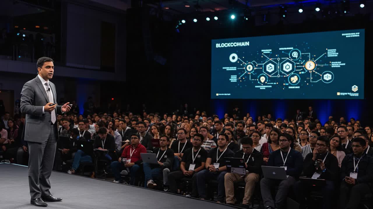 Engaging Blockchain Presentation: A Speaker's Insight on Technology and Innovation in Front of an Enthusiastic Audience at a Major Conference