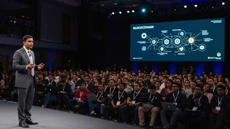 engaging blockchain presentation: a speaker's insight on technology and innovation in front of an enthusiastic audience at a major conference